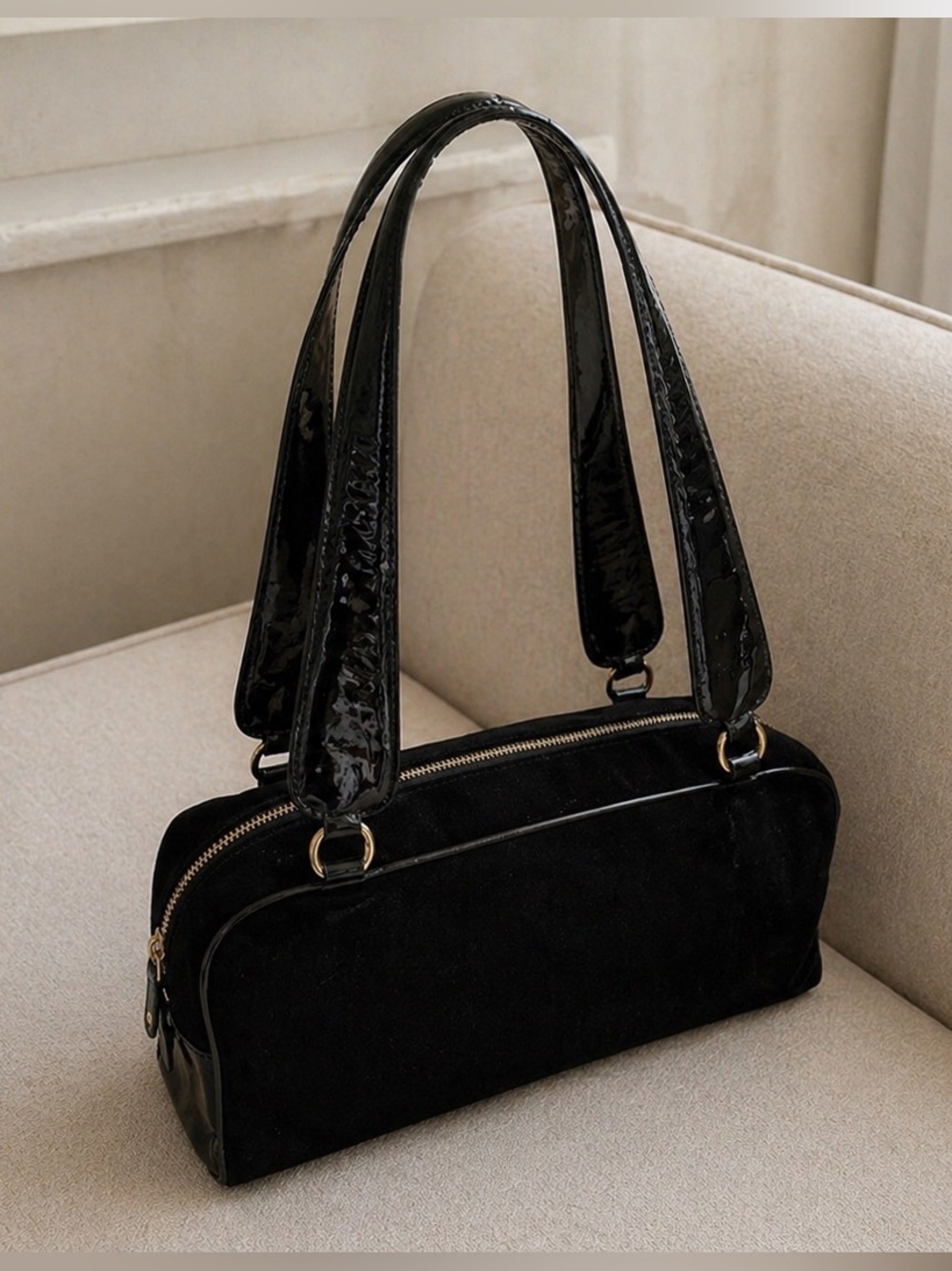 Moschino Black Velvet Embossed Apples With Patent Leather Straps Bag